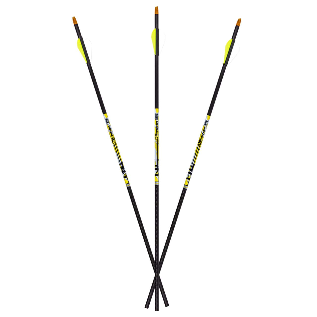 High-quality archery arrows with bright yellow vanes and durable construction for bowhunting.